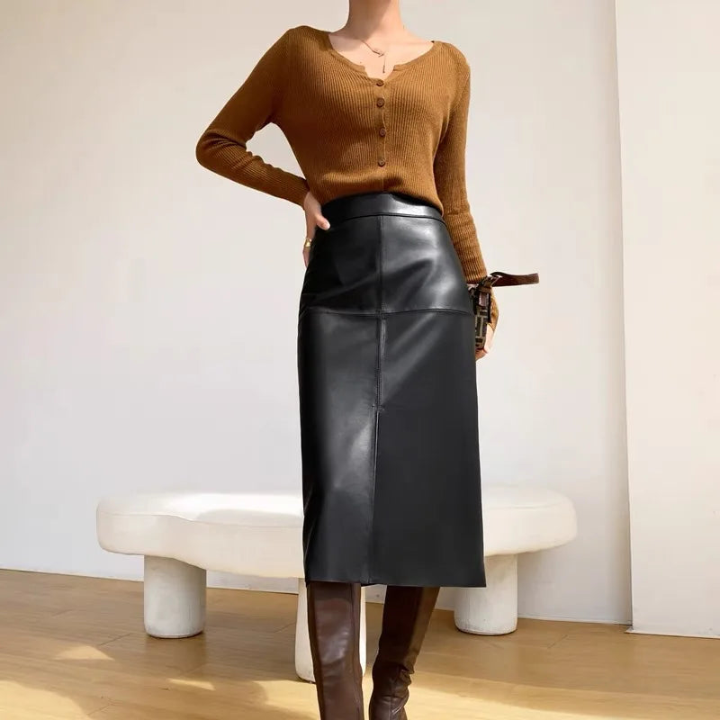 Long Skirts Women High Waist 2025 New Office Ladies Genuine Leather Skirt A-Line