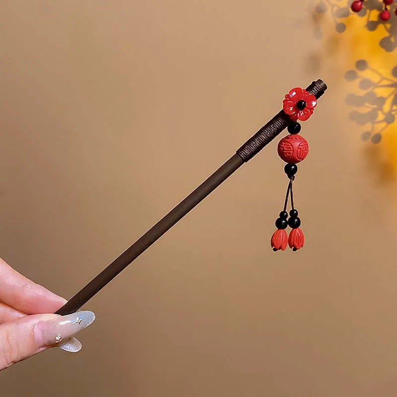 Red Floral Wooden Hanfu Hair Stick