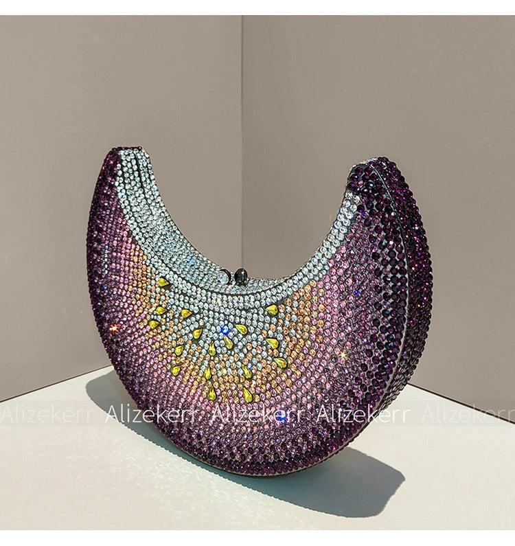 Moon Shaped Diamond Evening Bag with Watermelon Rhinestones for Women