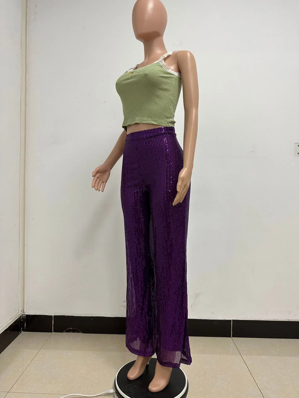 High Waist Sparkle Sequin Wide Leg Pants for Women