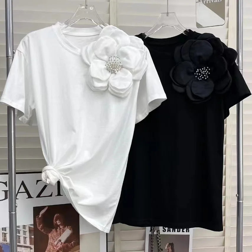 Three-Dimensional Beaded Floral Embroidery Short Sleeve T Shirt for Women