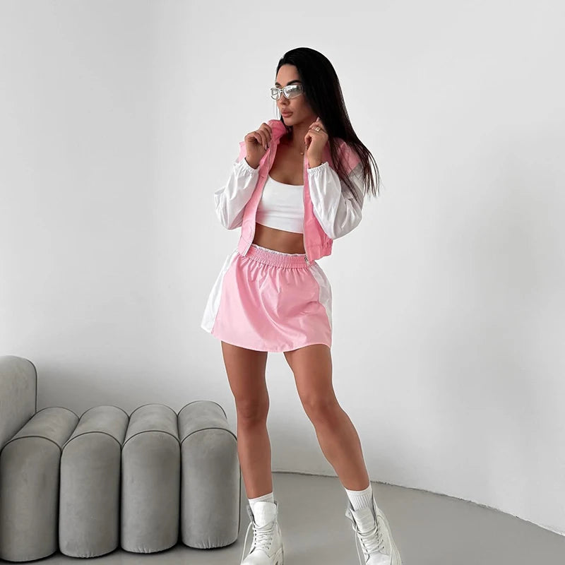 Casual Color Block Long Sleeve Jacket And Mini Skirt Set For Women