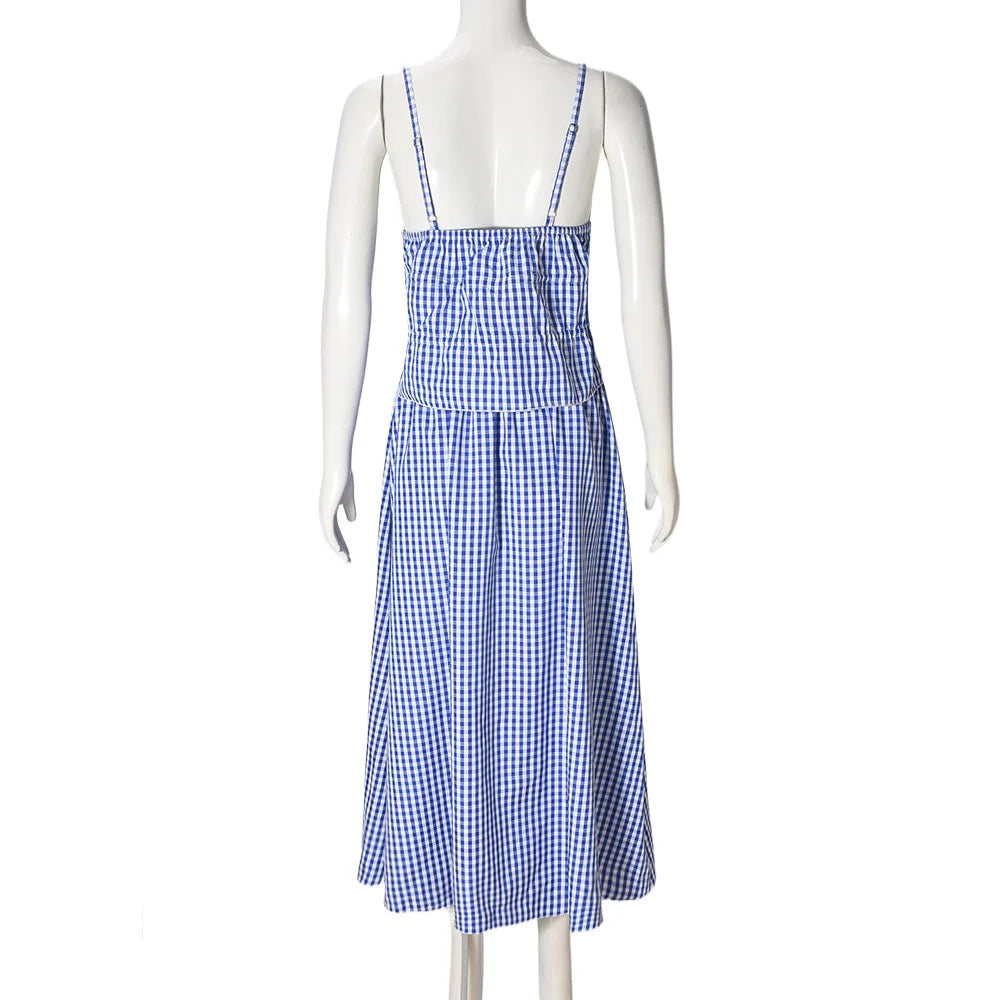 Y2K Striped Printed Lace Up Sleeveless Cropped Top Two Piece Set for Women