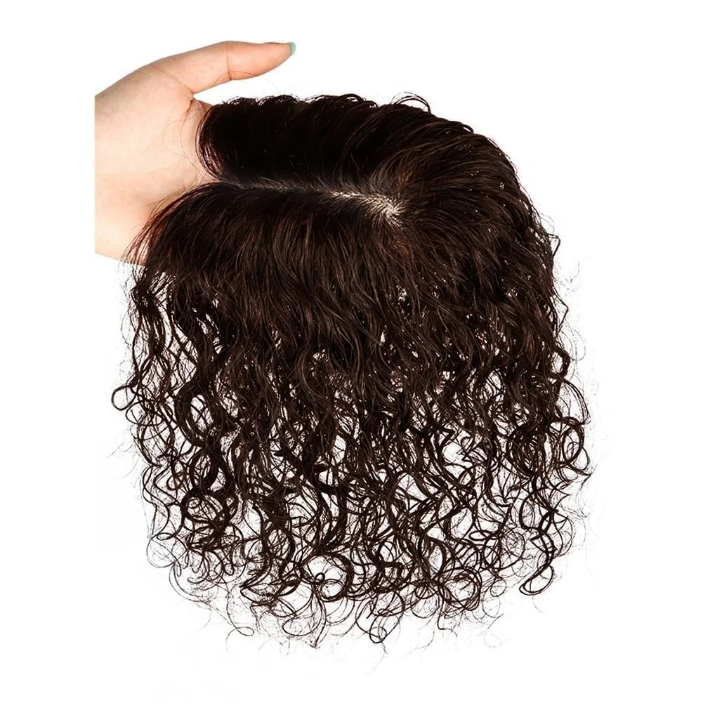 Middle Part Curly Human Hair Topper Clip in Silk Base Wiglet Hairpiece Forehead Hairline Replacement 8x10cm