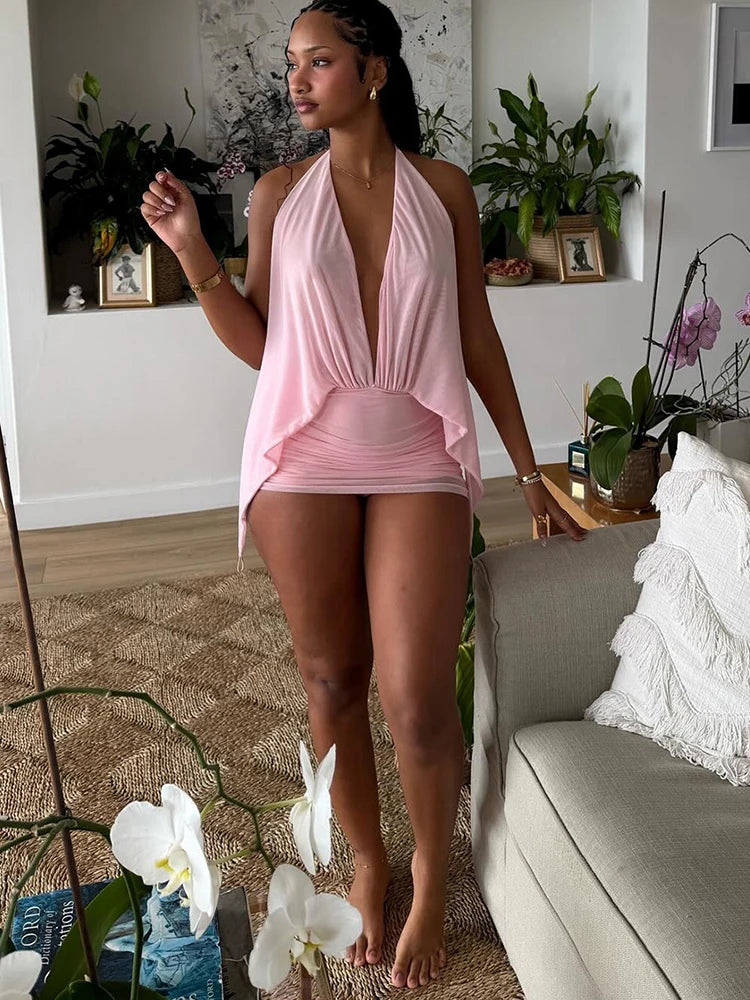 Backless Halter Ruched Deep V Neck Dress for Women