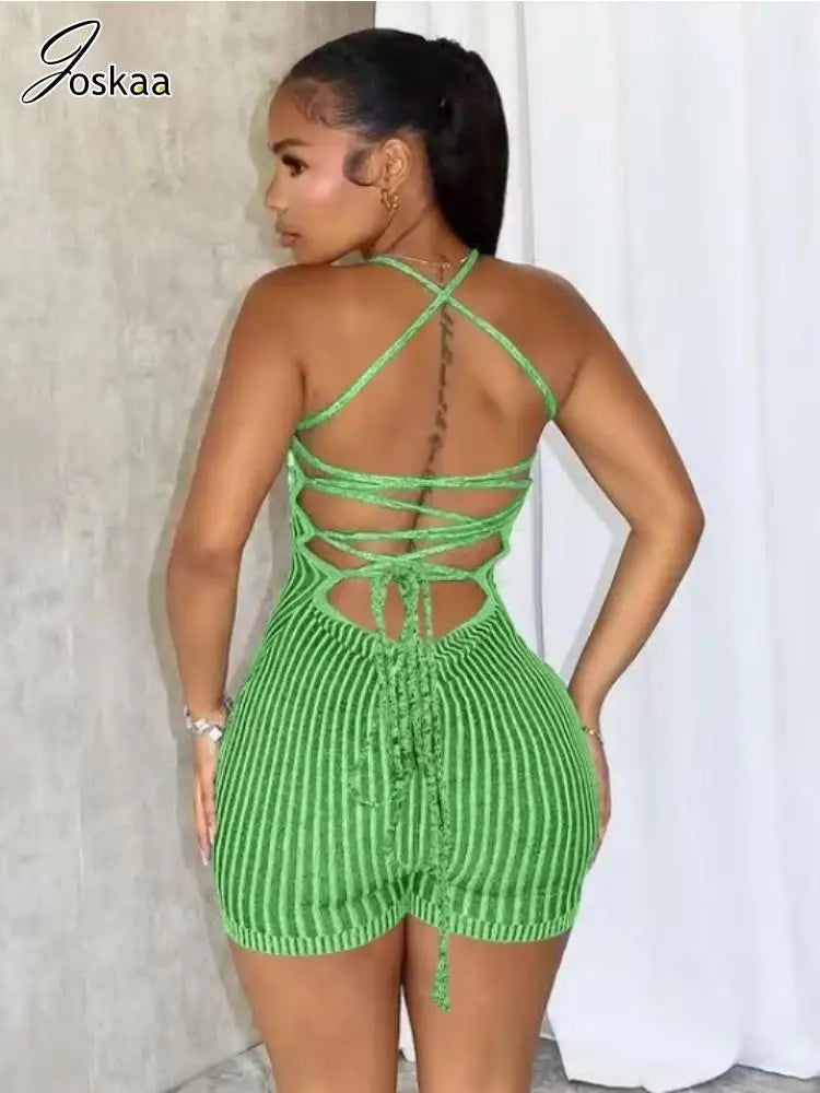 Backless Striped Knitted Sporty Playsuit for Women