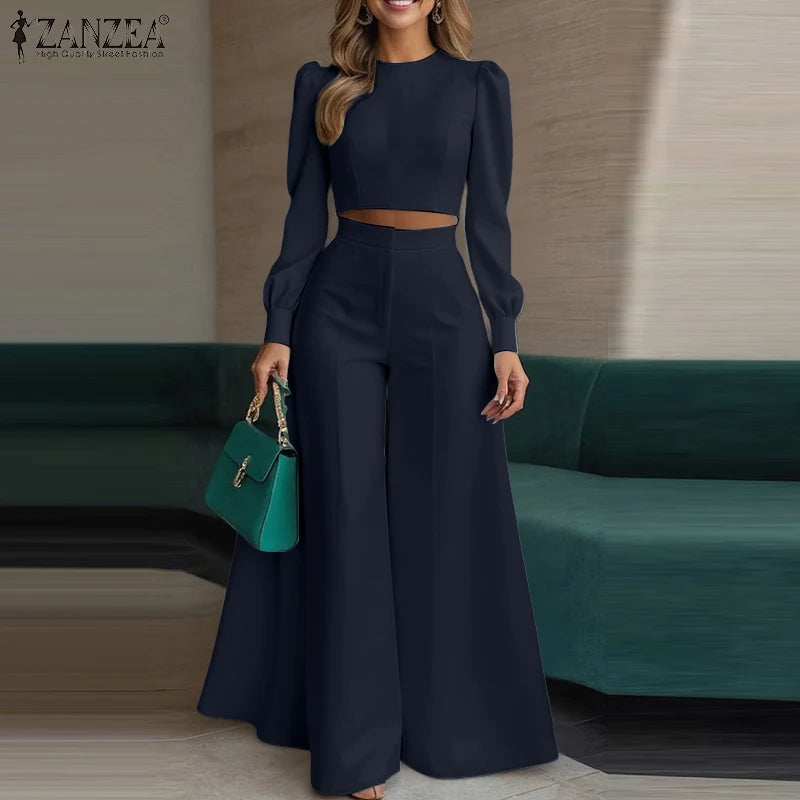 2025 Autumn Pant Sets ZANZEA Fashion 2PCS Women Outfits Solid Tracksuits Suit Long Sleeve Blouses Wide Leg Trousers 2 Piece Set