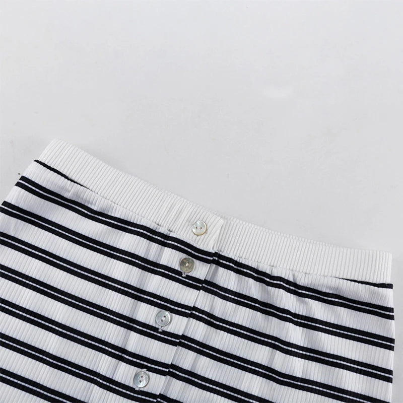Striped Knit Top and Shorts Set with Button O Neck for Women