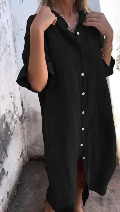 Loose Mid Calf Single Breasted Shirt Dress With Pockets For Women