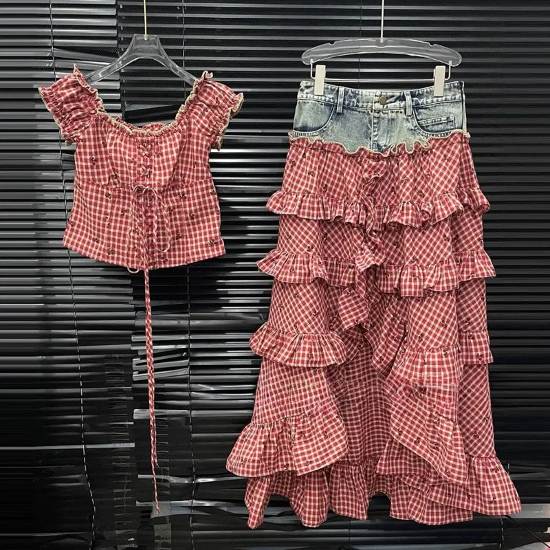 ANJY Spring Summer New Women Fashion Vintage Plaid Patchwork Denim Multi-layered Skirt Sweet Drawstring Short Sleeve Tops A24530