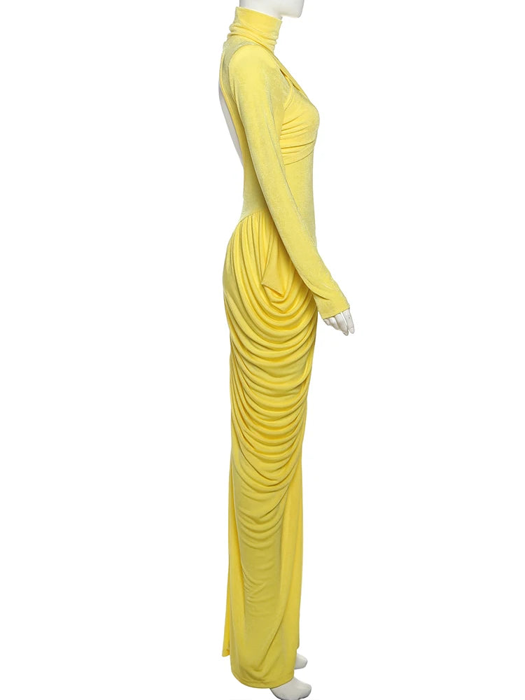 Elegant Ruched Backless Turtleneck Maxi Dress for Women
