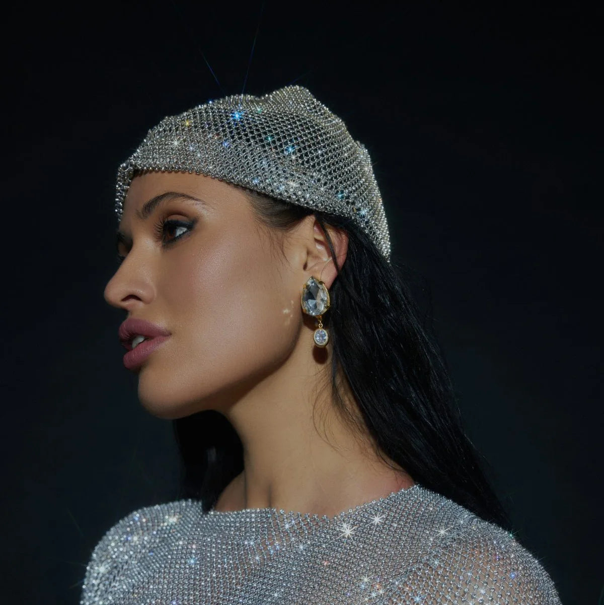 Sparkly Rhinestone Fishnet Turban Head Wrap for Women