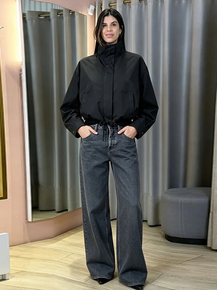 Casual Solid Jacket With Stand Collar And Pockets for Women