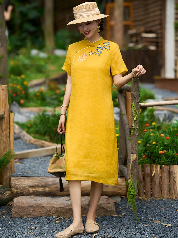 Linen Mandarin Collar Embroidered Cheongsam Dress for Women