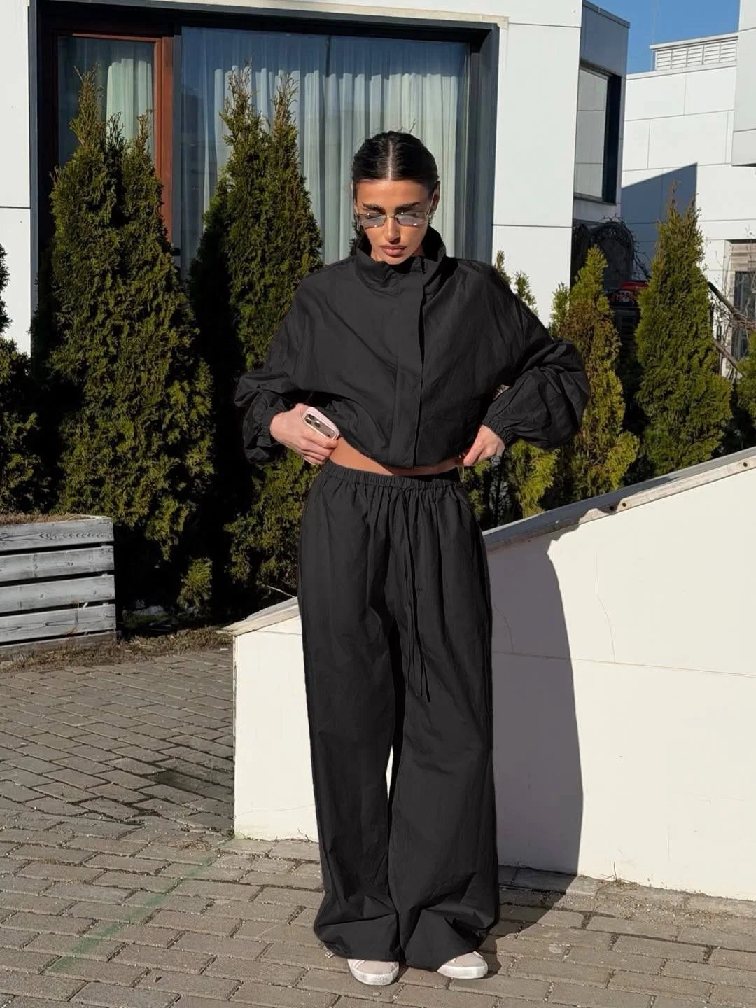 Lace Up Stand Collar Wide Leg Two Piece Set for Women