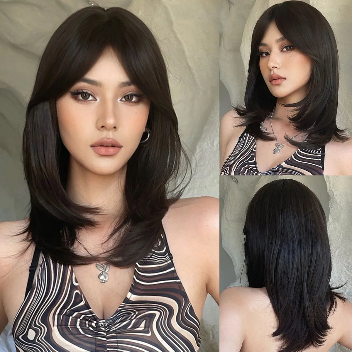 Medium Length Layered Straight Synthetic Wig With Bangs For Women