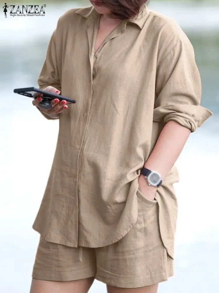 ZANZEA Woman Vintage Solid Matching Sets Spring Casual Street Suit Long Sleeve Lapel Shirt Loose Shorts Elegant Tracksuit