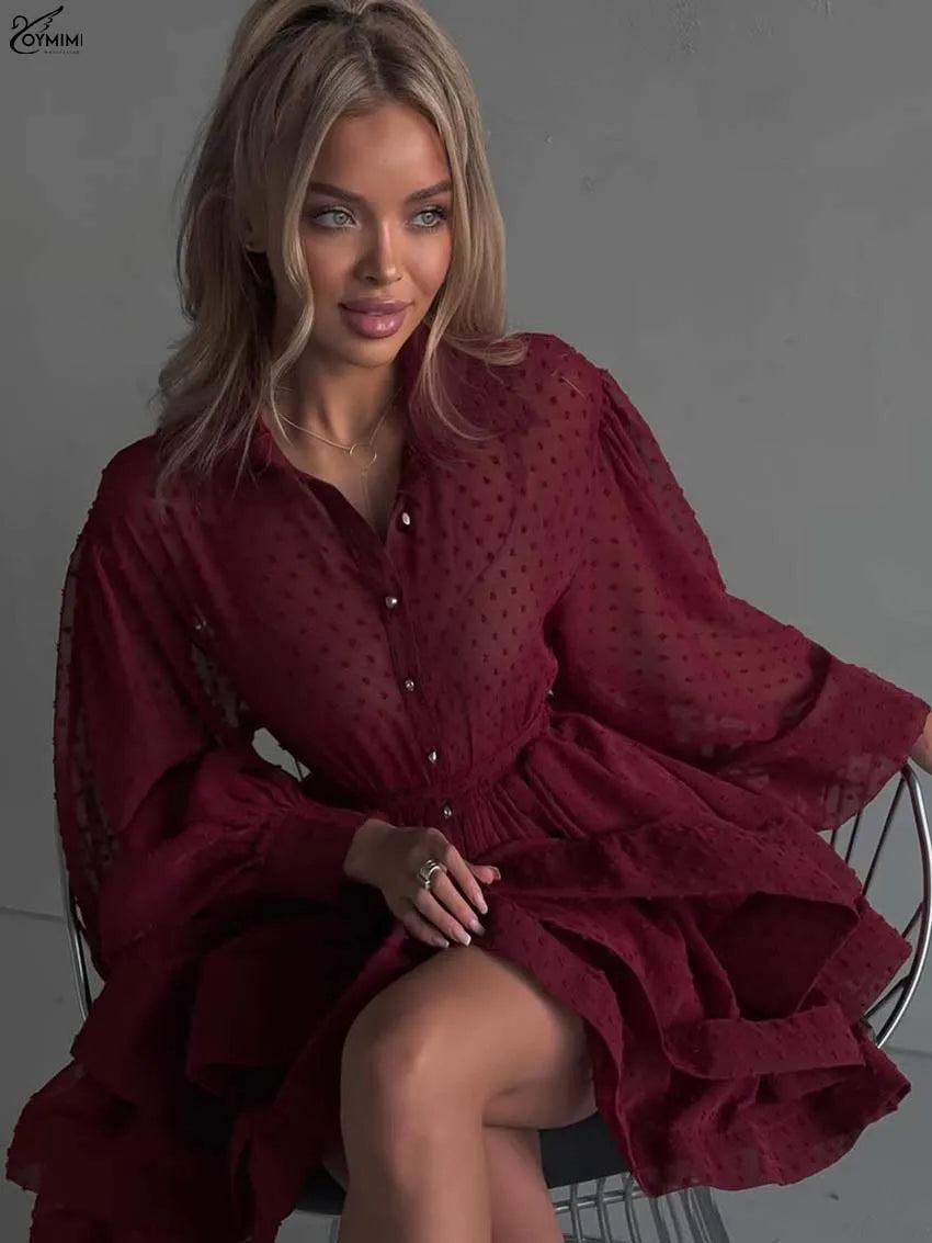 Oymimi Elegant Red Lapel Dresses 2025 Woman Casual Long Sleeve Single Breasted Dresses Fashion High Waisted Ruffled Mini Dress