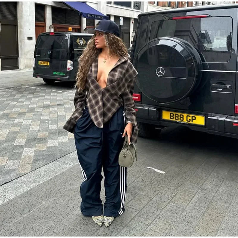 Chic Tailored Plaid Women's Shirts Unique Laple Contrast Full Sleeve Oversize Female Blouse 2025 Autumn Fashion Lady Streetwears