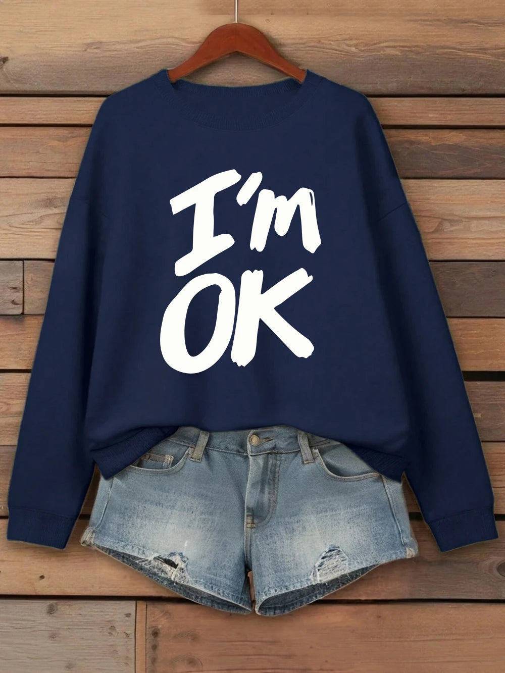 I'M Okay Letter Printed Sweatshirts Womens Autumn Winter Casual Hoodie Fleece Warm Crewneck Pullovers Street Loose Woman Clothes