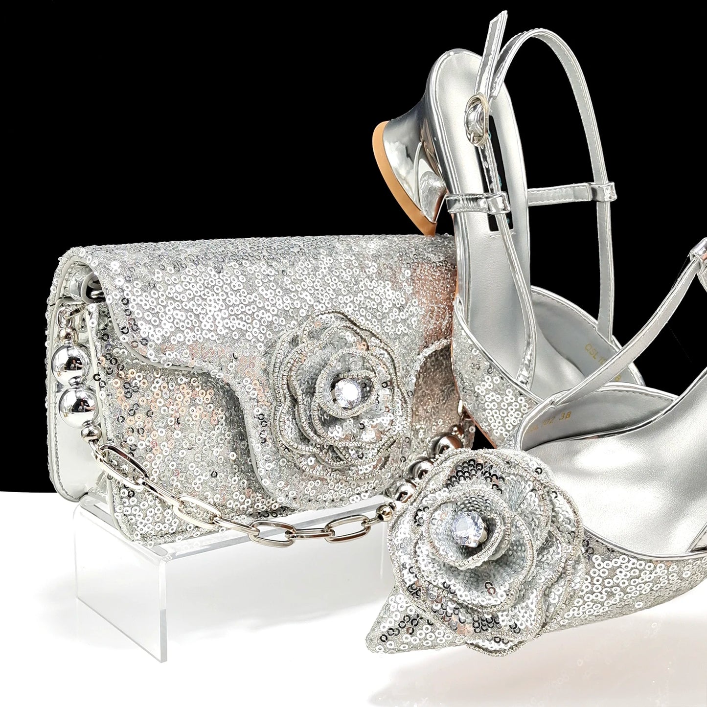 QSGFC Fashion Design Shoes and Bag Nigerian Wedding Handmade Flowers Bags with Shoes Ladies Shoes Commuting or Daily Shoes