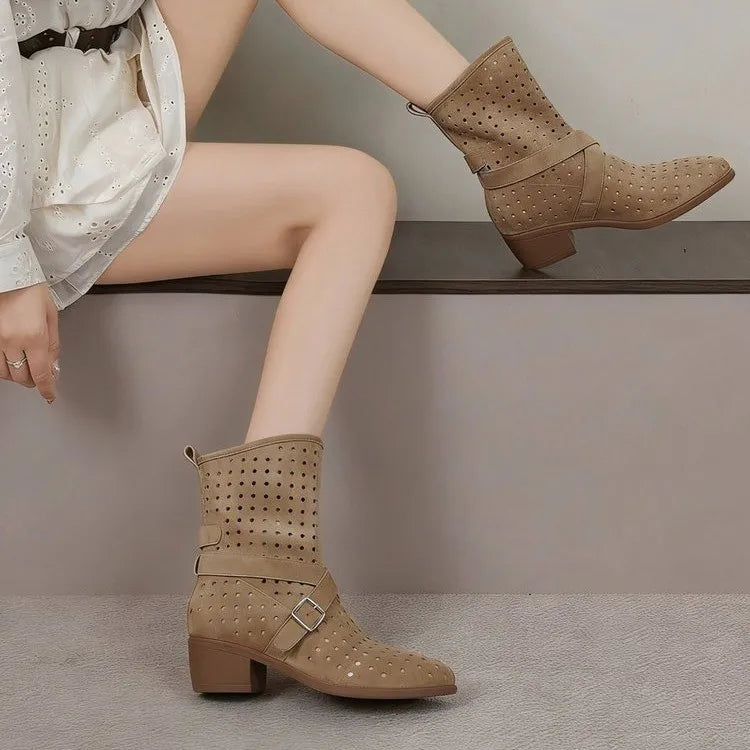 Brown Suede Western Cowboy Boots With Belt Buckle And Pointed Toe for Women