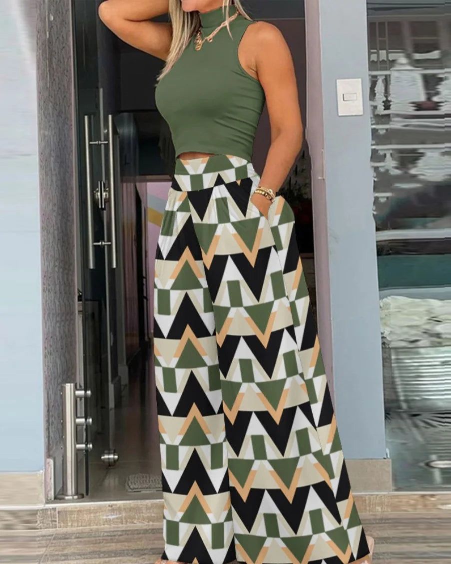 Printed Sleeveless Elegant Two Piece Set for Women