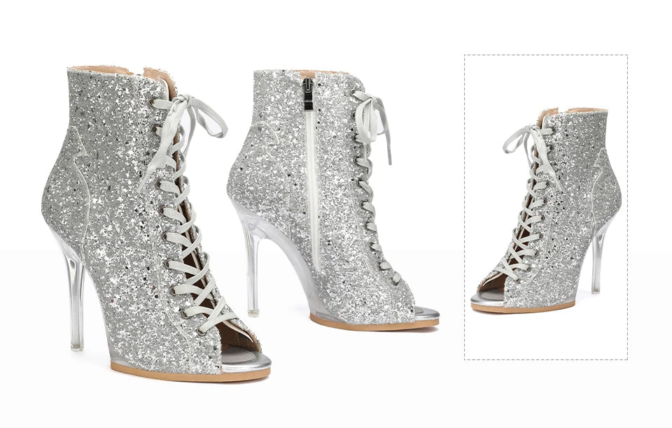 Lace-Up Crystal Heel Ballroom Dance Boots for Women