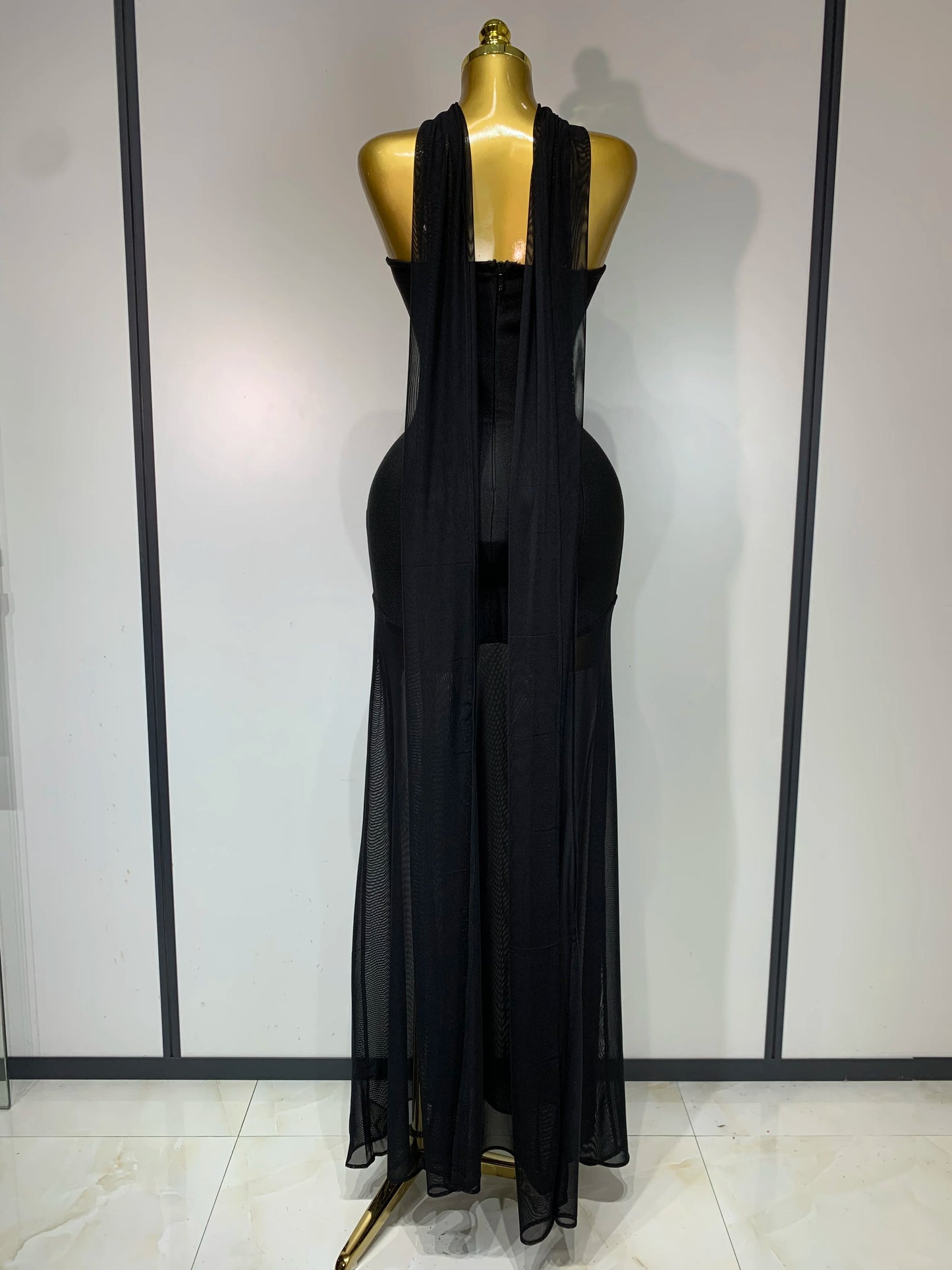 Sexy Strapless Long Bandage Dress Black Mesh Patchwork Elegant Women Blackless Evening Party Gowns Bodycon Birthday Dresses