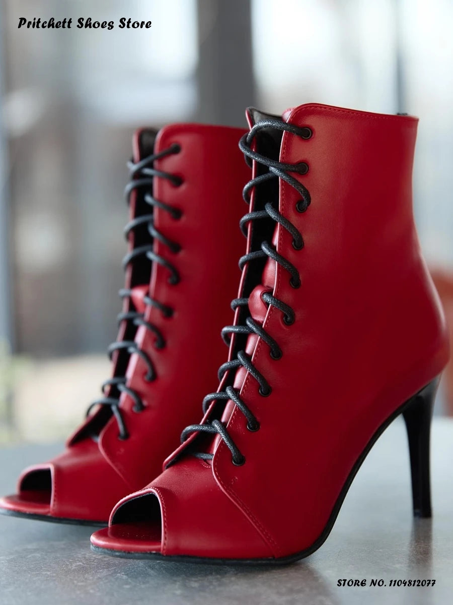 White Lace Up Heeled Open Toe Ankle Boots for Women
