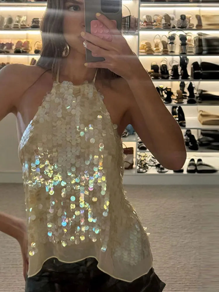 Elegant Sequined Mesh Backless Halter Top for Women