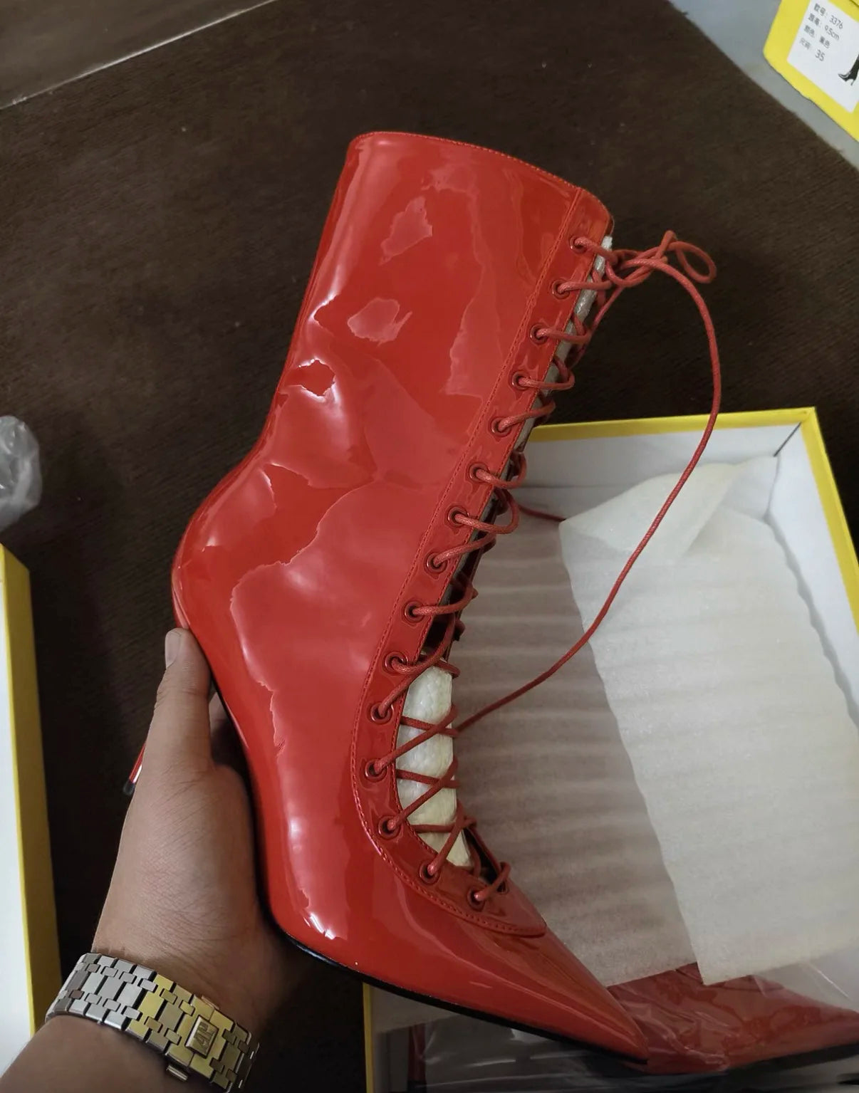 Stylish Brown Pointy Toe Lace Up Mid Calf Boots For Women