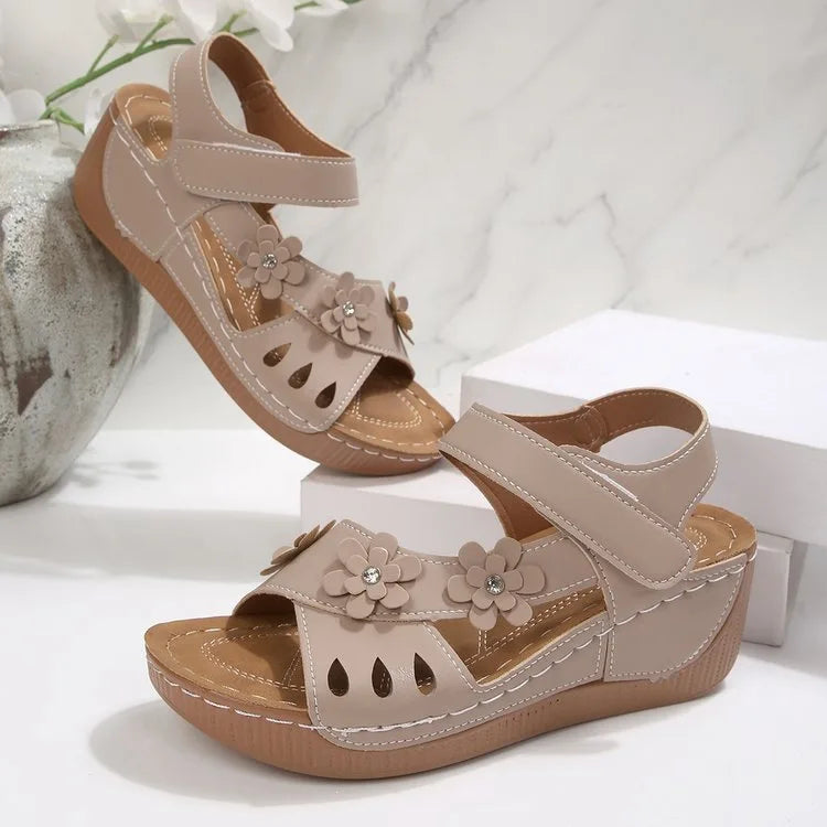Modern Floral Buckle Wedge Sandals