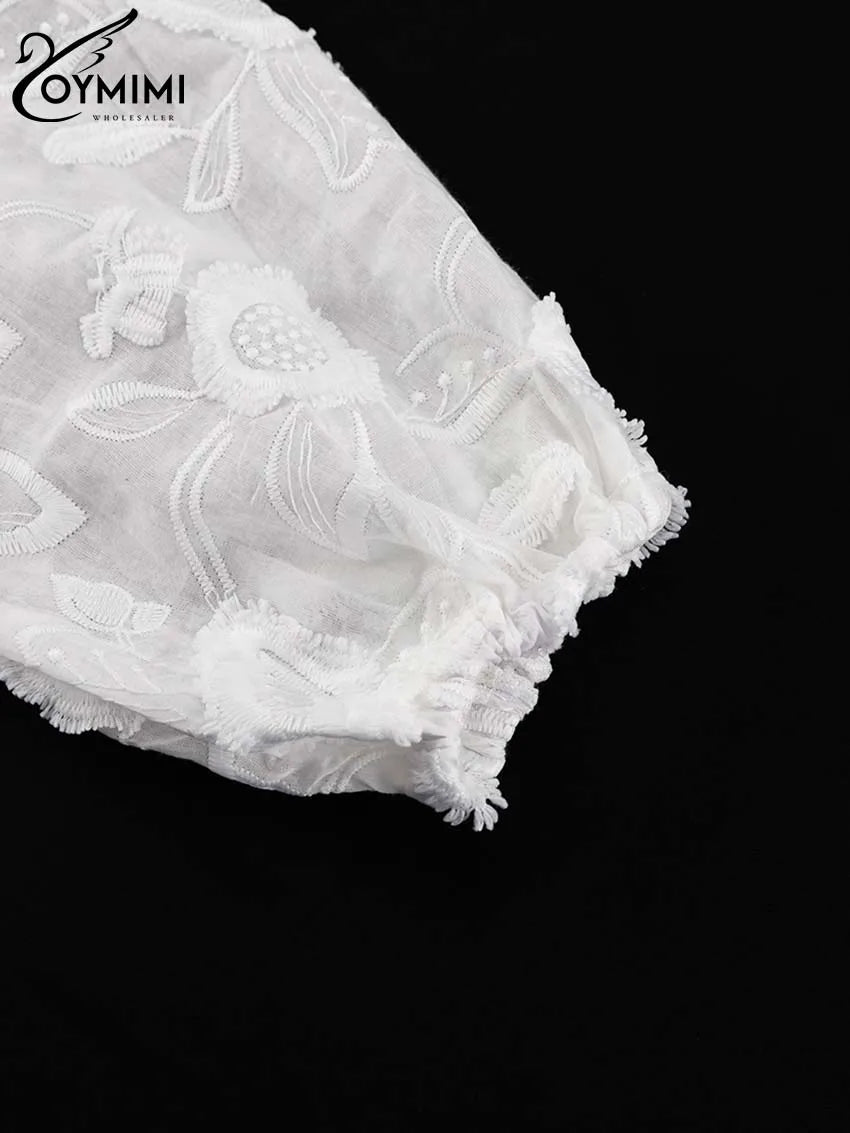 Oymimi Summer White Cotton 2 Piece Sets Women Outfit Casual Jacquard Button Wrist Sleeve Shirts And High Waist Shorts Female Set