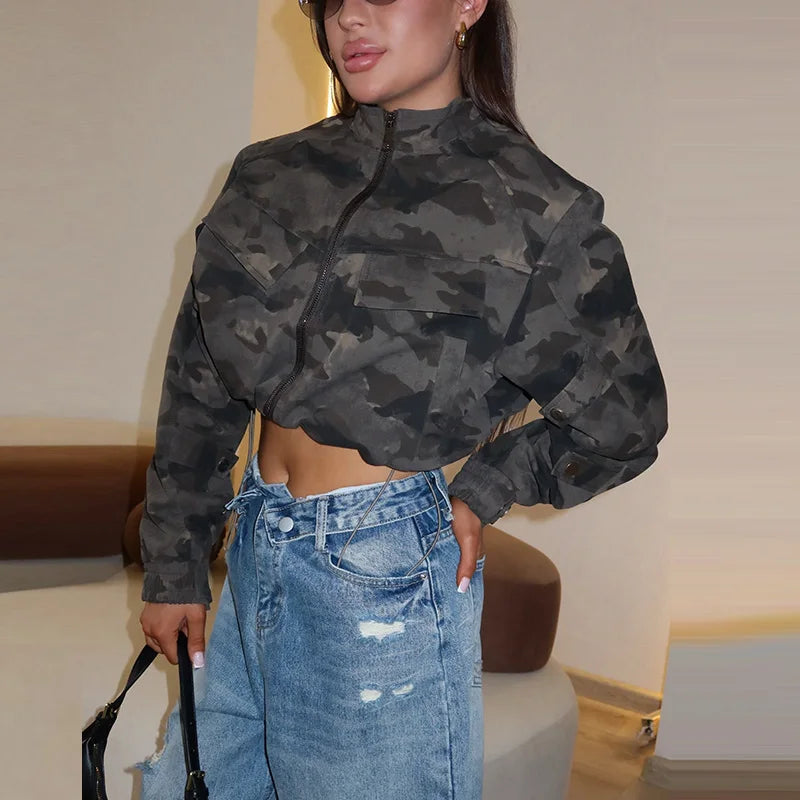 Y2K Camouflage Cropped Zip Jacket With Stand Collar for Women