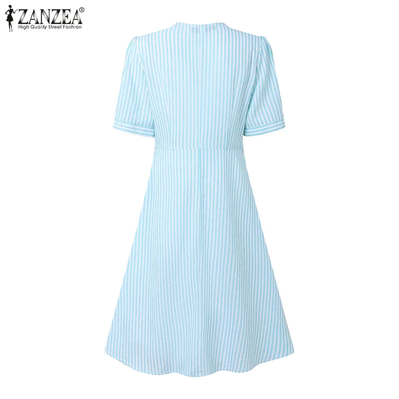 ZANZEA Women Elegant Striped Midi Dresses 2025 Summer Fashion V-Neck Short Puff Sleeve Fitted Waist A-Line Robes Femme Korean