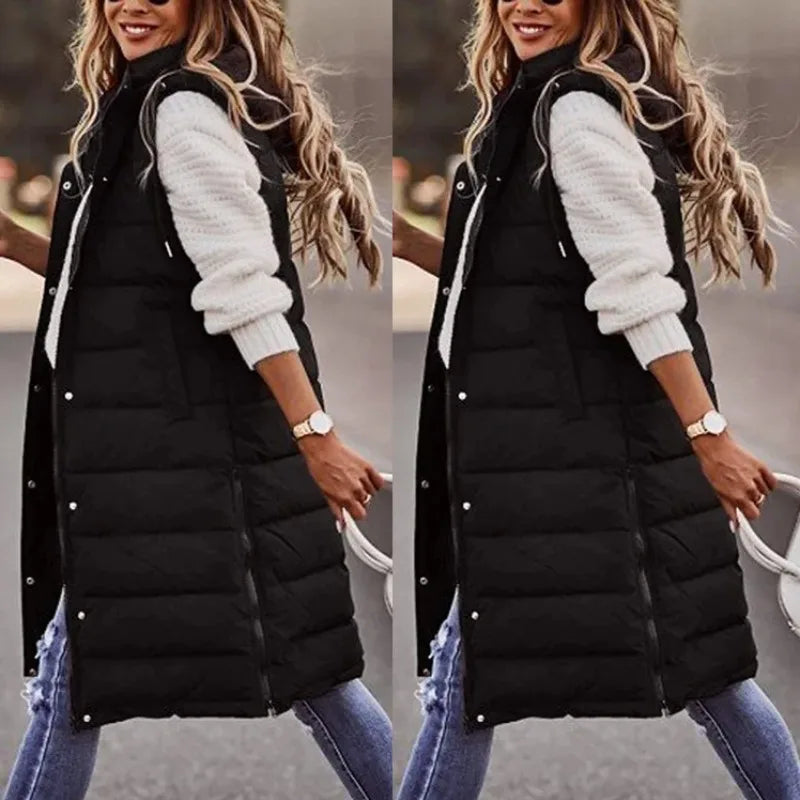 Warm Hooded Longline Sleeveless Vest Coat for Women
