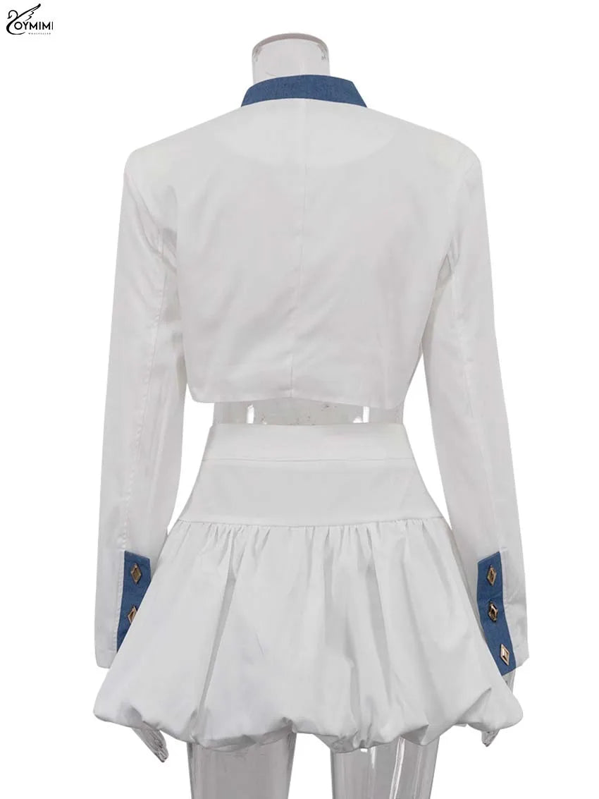 Oymimi Fashion Black Patchwork Two Piece Set For Women Casual Long Sleeve Button Pockets Crop Shirts + High Waist Mini Skirt Set