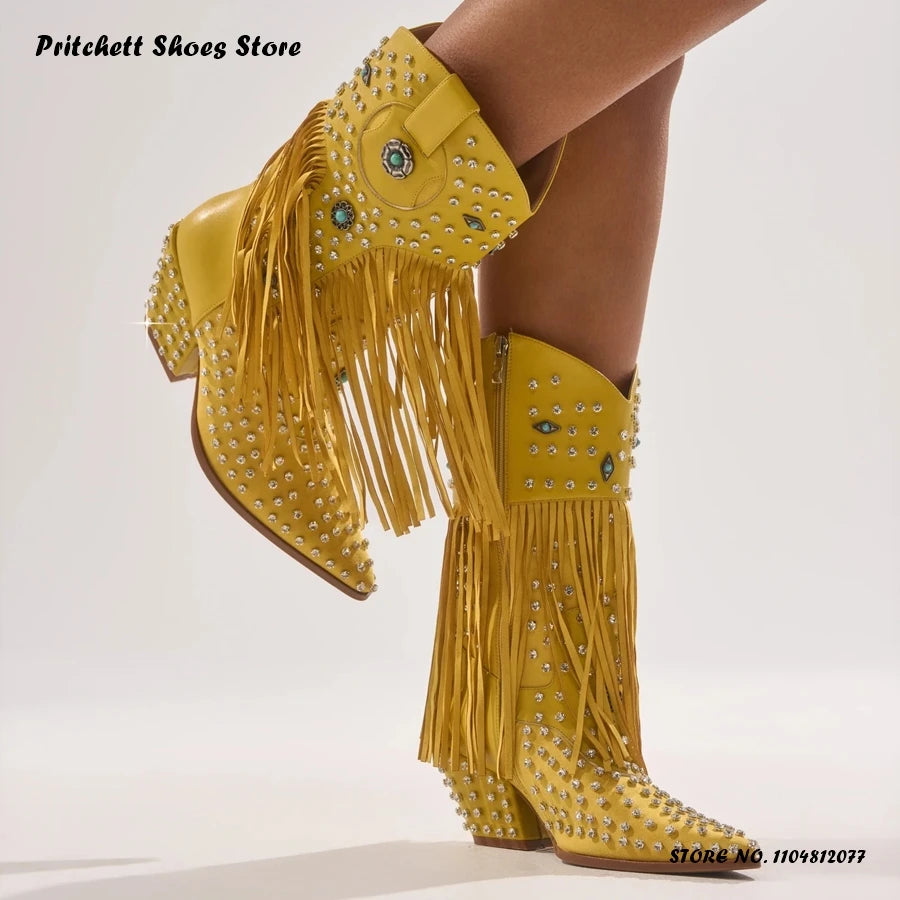 Crystal Embellished Fringe Pointed Toe Leather Wedge Boots for Women