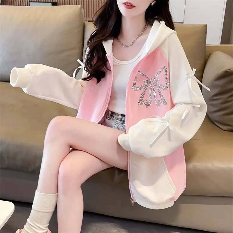 Woman Hooded Tops Bow Y2k Style Kpop Youthful Clothes Sweat-shirt Essential Matching Full Zip Up Hoodies Sweatshirt for Women