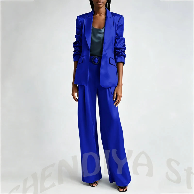 Women's Two Pieces Set Satin Peaked Lapel Elegant Fashion Single Button Straight Professional Tailor-Made Jacket with Pants