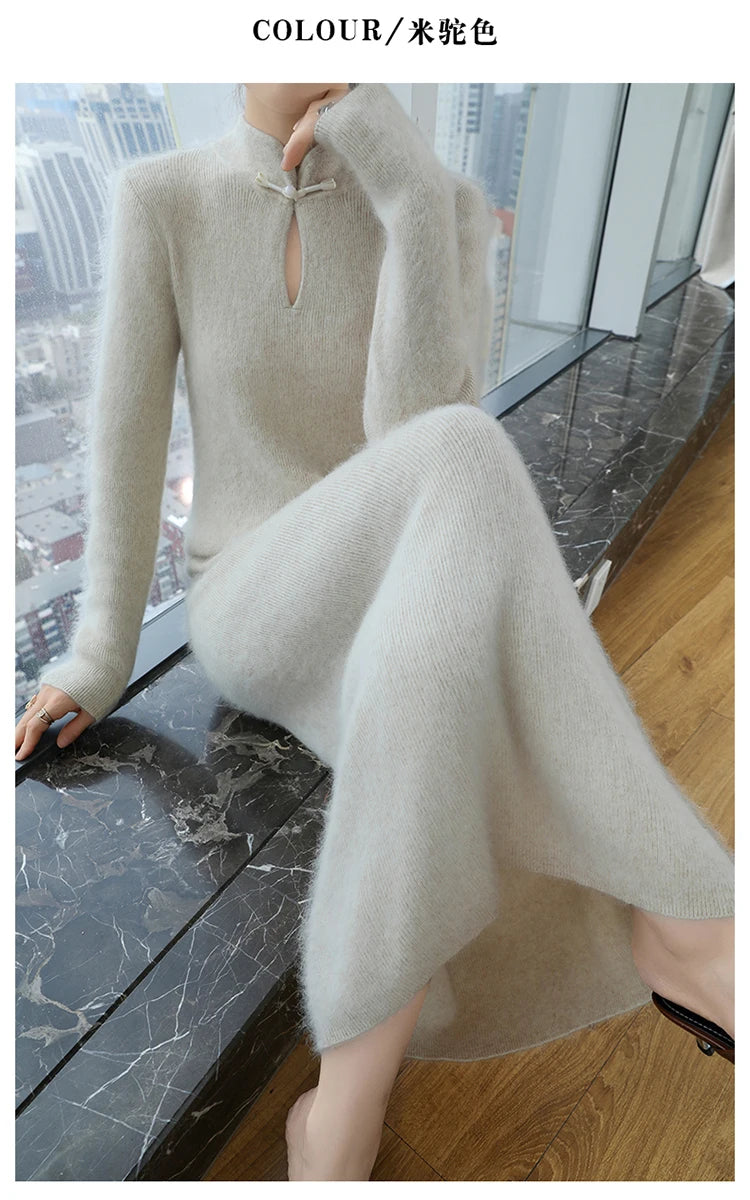 Cashmere Knit Dress with Stand Up Collar and Buckle for Women