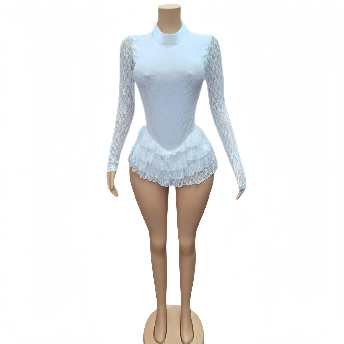 FAGADOER Sexy Lace Ruffle Patchwork Bodycon Romper Woman See Through Long Sleeves One Piece Jumpsuits Female Nightclub Overalls