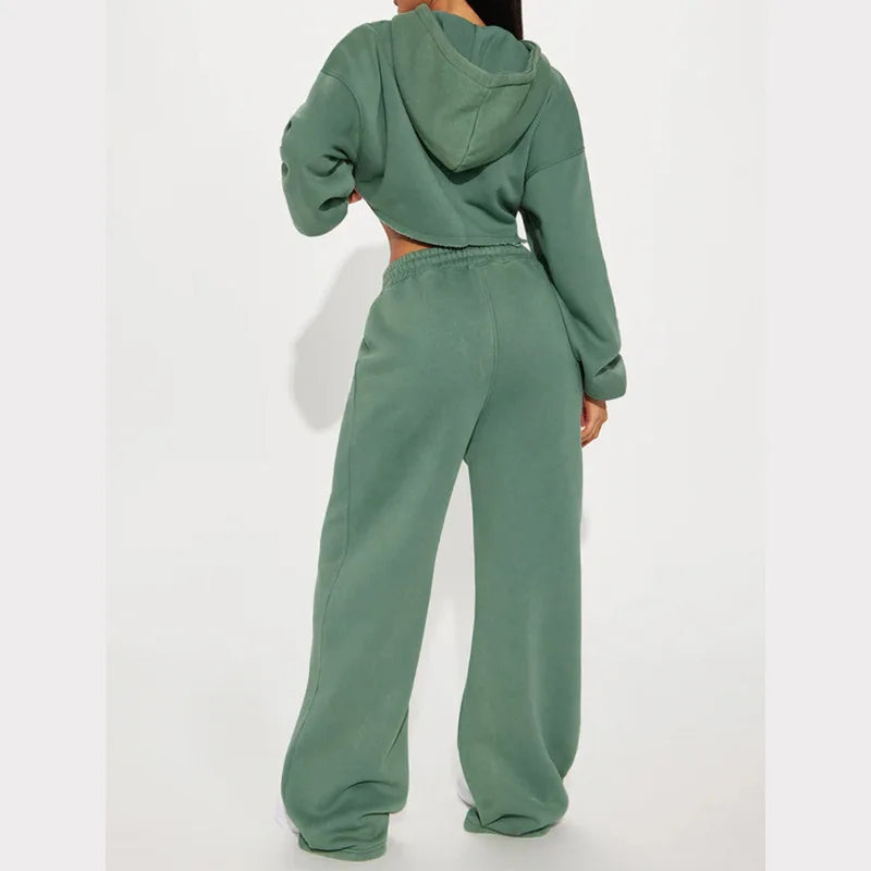 Hooded Cropped Sweatshirt And Long Pants Set for Women