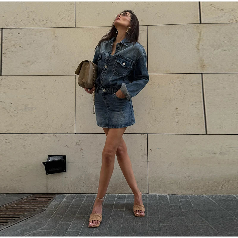 High Waisted Acid Wash Denim Two Piece Set For Women