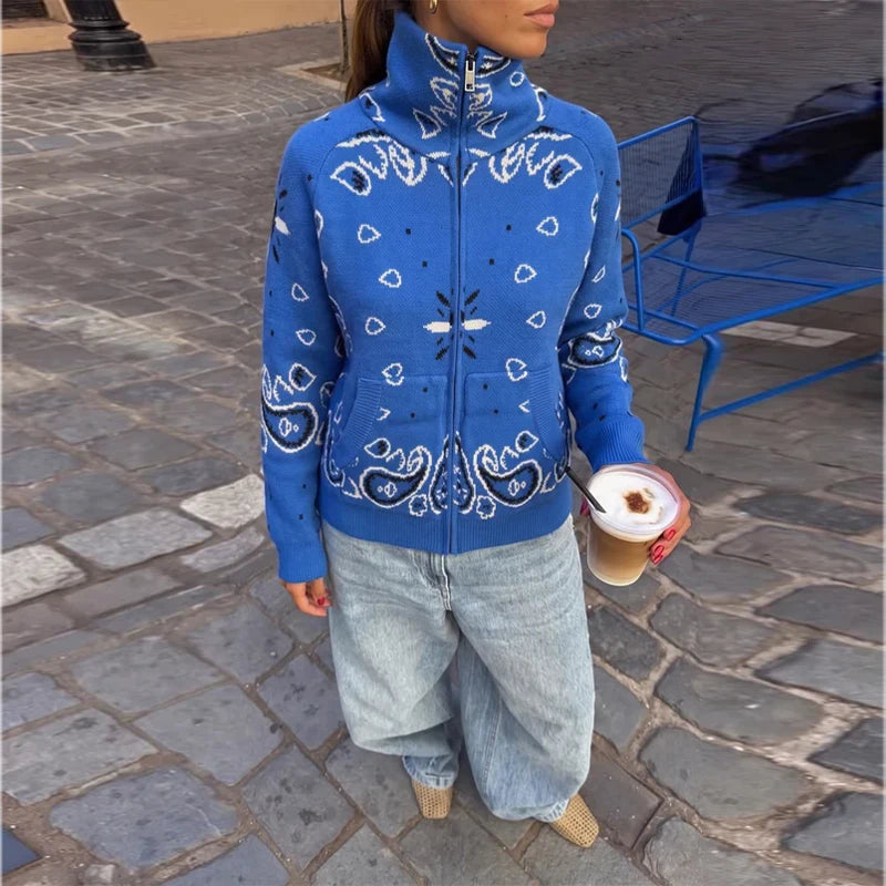 Vintage Printed Knit Stand Collar Zip Cardigan for Women
