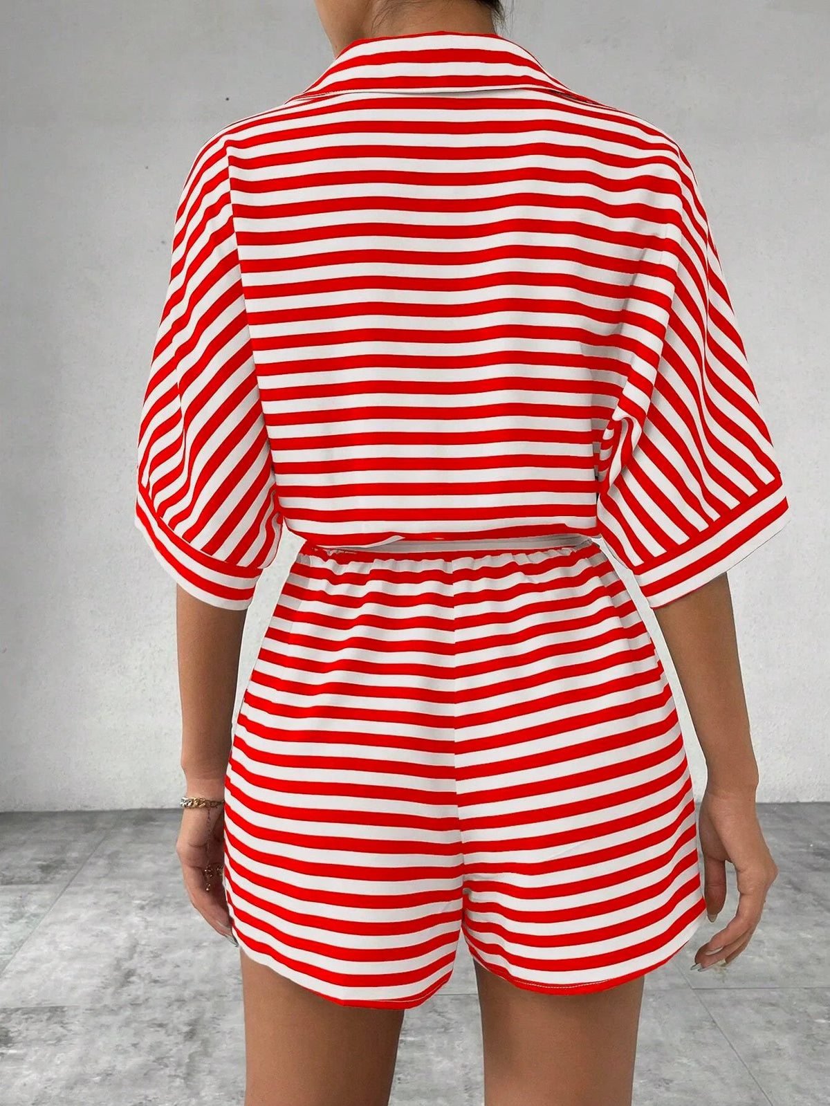 Casual Striped Batwing Sleeve Top And Shorts Set For Women