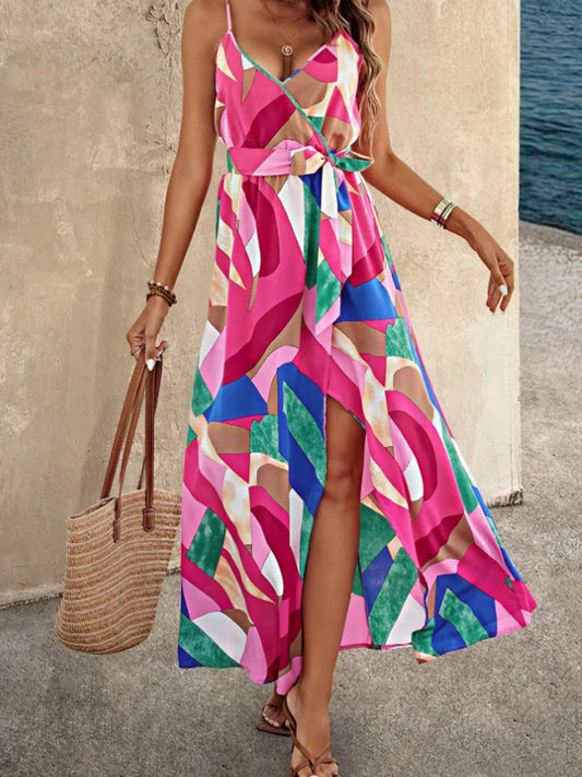 Women's casual sleeveless lace-up front print suspender top mini thin shoulder strap open-back dress