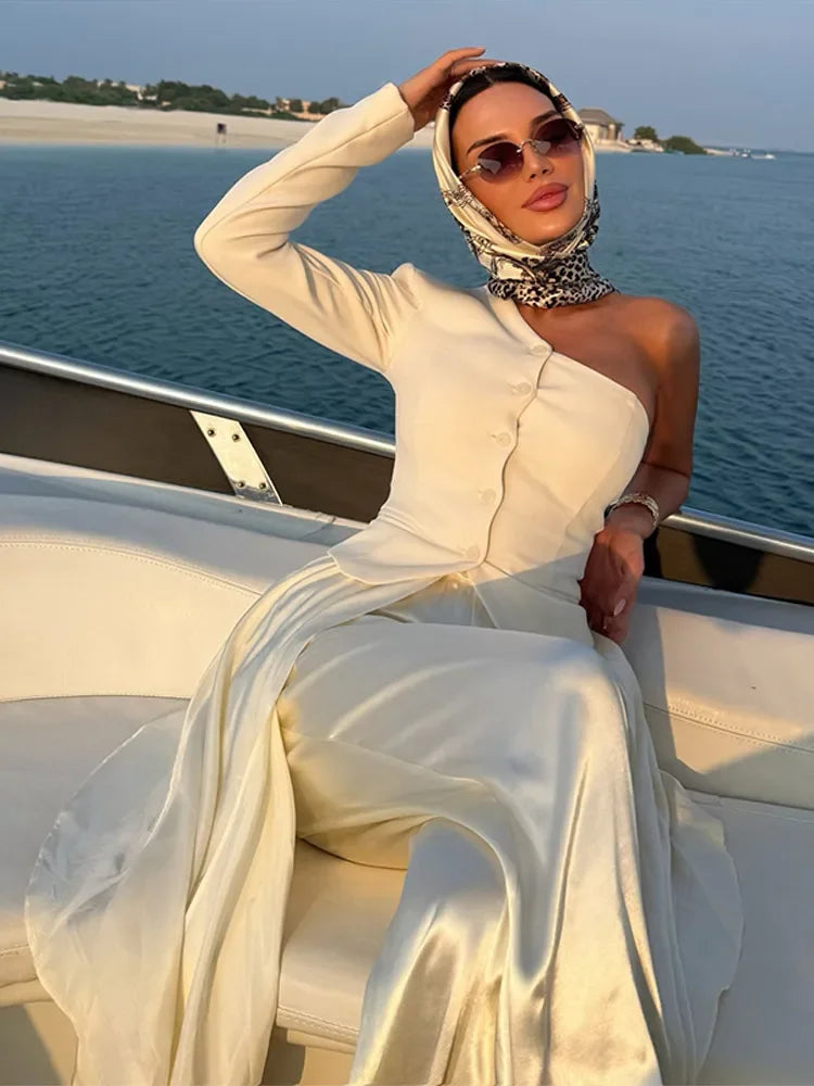 Chic White Lace Patchwork Long Blazer Set for Women