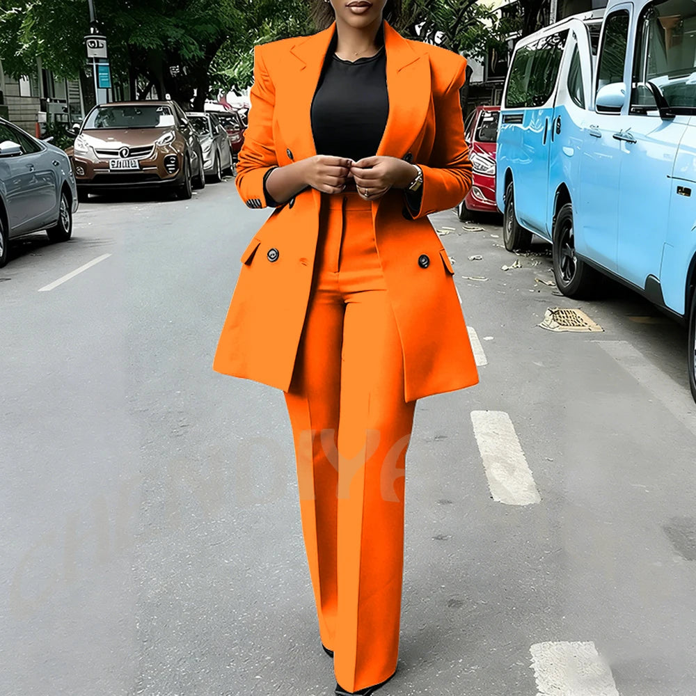High Quality Women Suits Double Breasted Straight Formal 2 Piece Jacket Pants Peak Lapel High Street Daily Office Casual Suit